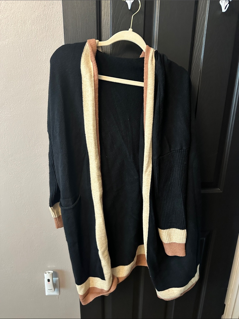 Black Open-Front Women’s Cardigan with Cream & Tan Trim